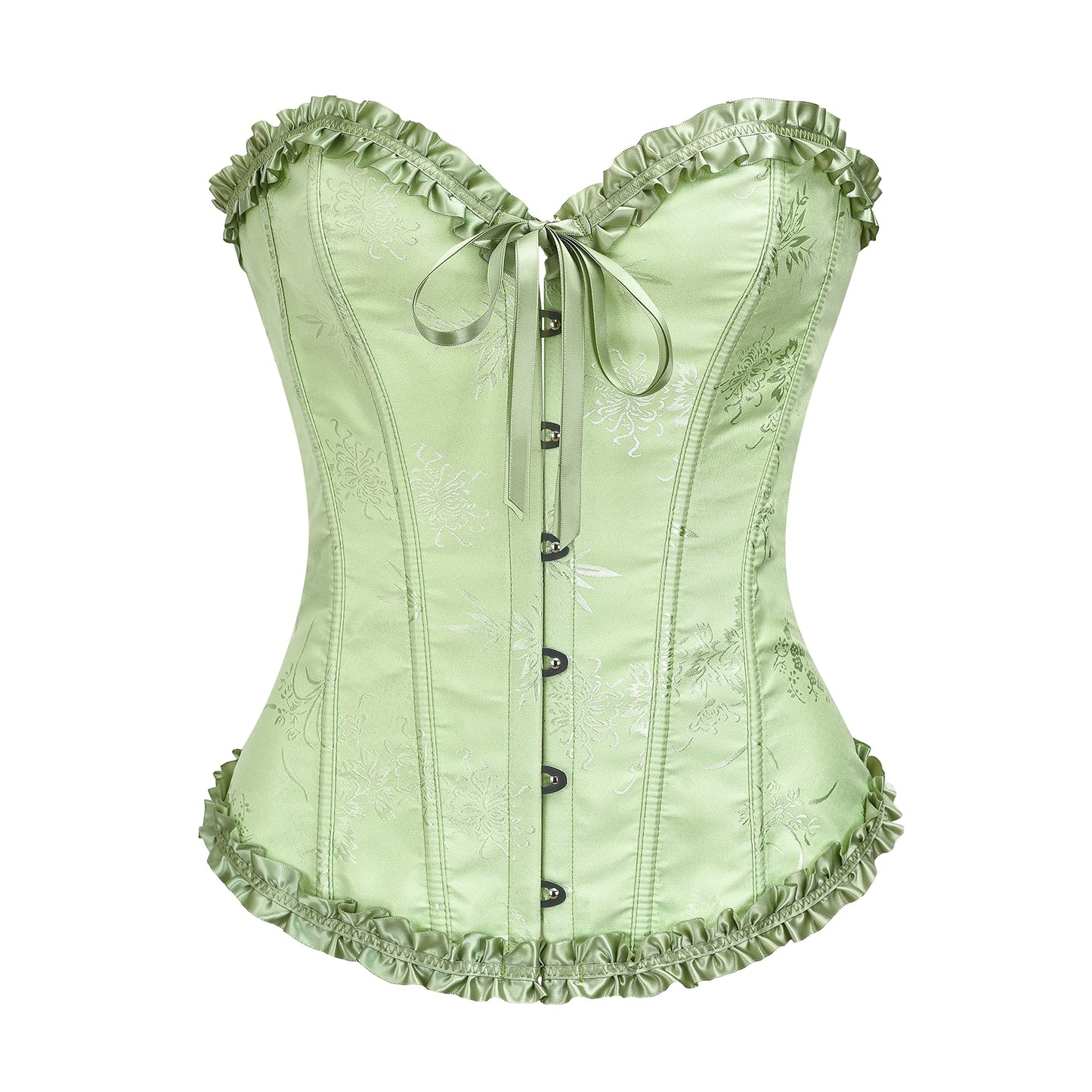 SZIVYSHI Grass Green Corset Top for Women - Overbust Lace Up Waist Cincher Bustier Lingerie - Plum Blossom Bamboo Pattern - Size S