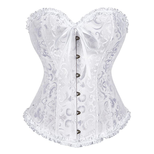 SZIVYSHI Women's Overbust Sweetheart Lace Up Plastic Bones Corset Bustier Top,White,M