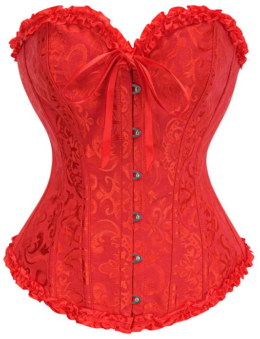 SZIVYSHI Women's Overbust Sweetheart Lace Up Plastic Bones Corset Bustier Top (Red, L)