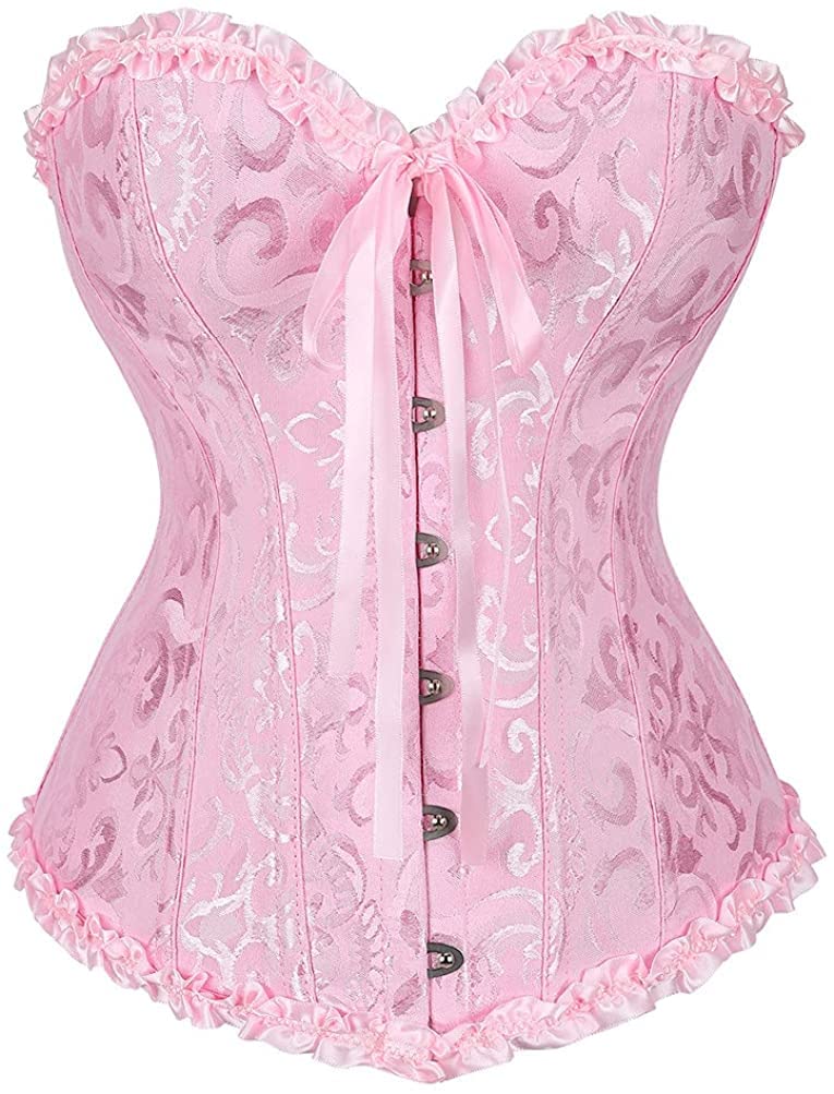 SZIVYSHI Pink Corset - Corsets for Women - Overbust Sweetheart Lace Up Plastic Bones Bustier Top - Waist Trainer - Size L