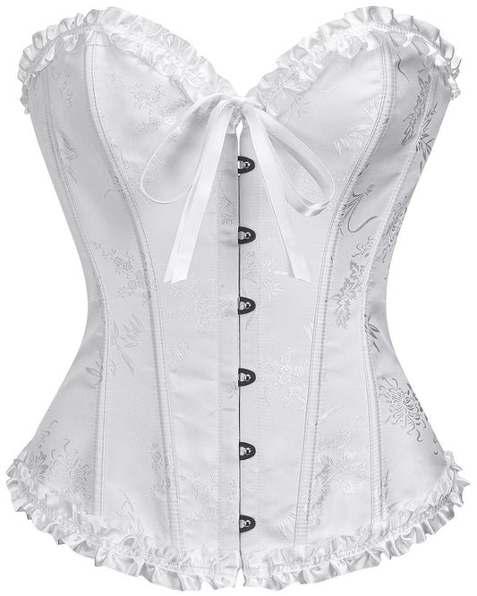 SZIVYSHI White Corset Top for Women - Overbust Lace Up Waist Cincher Bustier Lingerie - Plum Blossom Bamboo Pattern - Size S