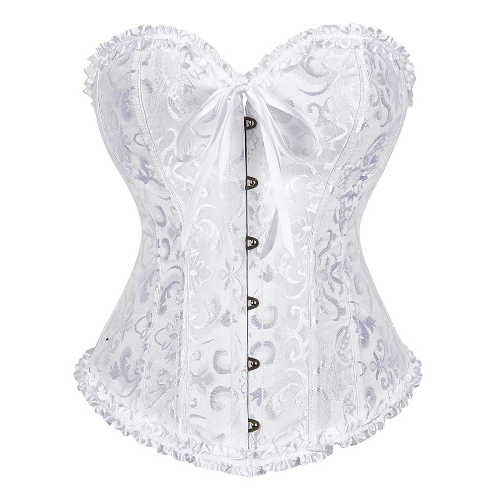 SZIVYSHI Women's Overbust Sweetheart Lace Up Plastic Bones Corset Bustier Top (White, L)